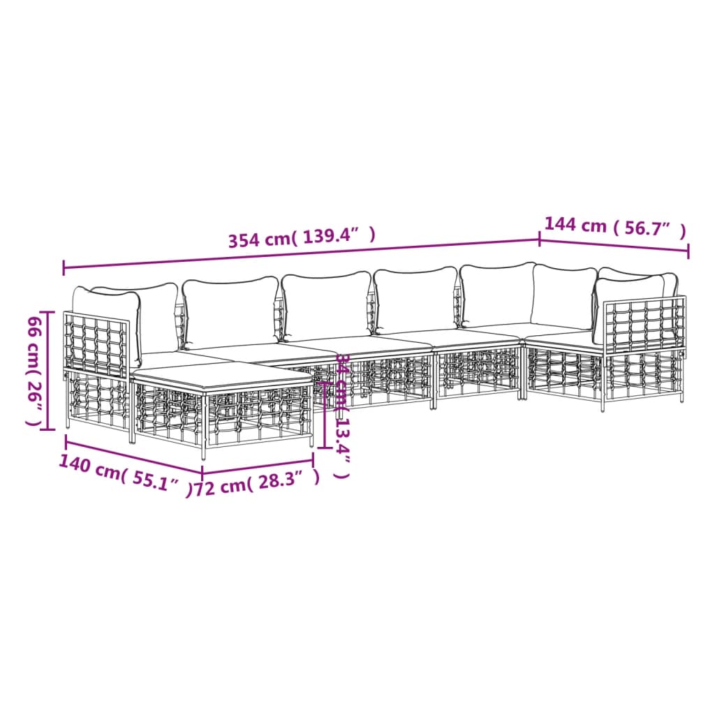 7-Delige Loungeset Met Kussens Poly Rattan Antracietkleurig 1 Donkergrijs 3x hoek + 3x midden + voetensteun