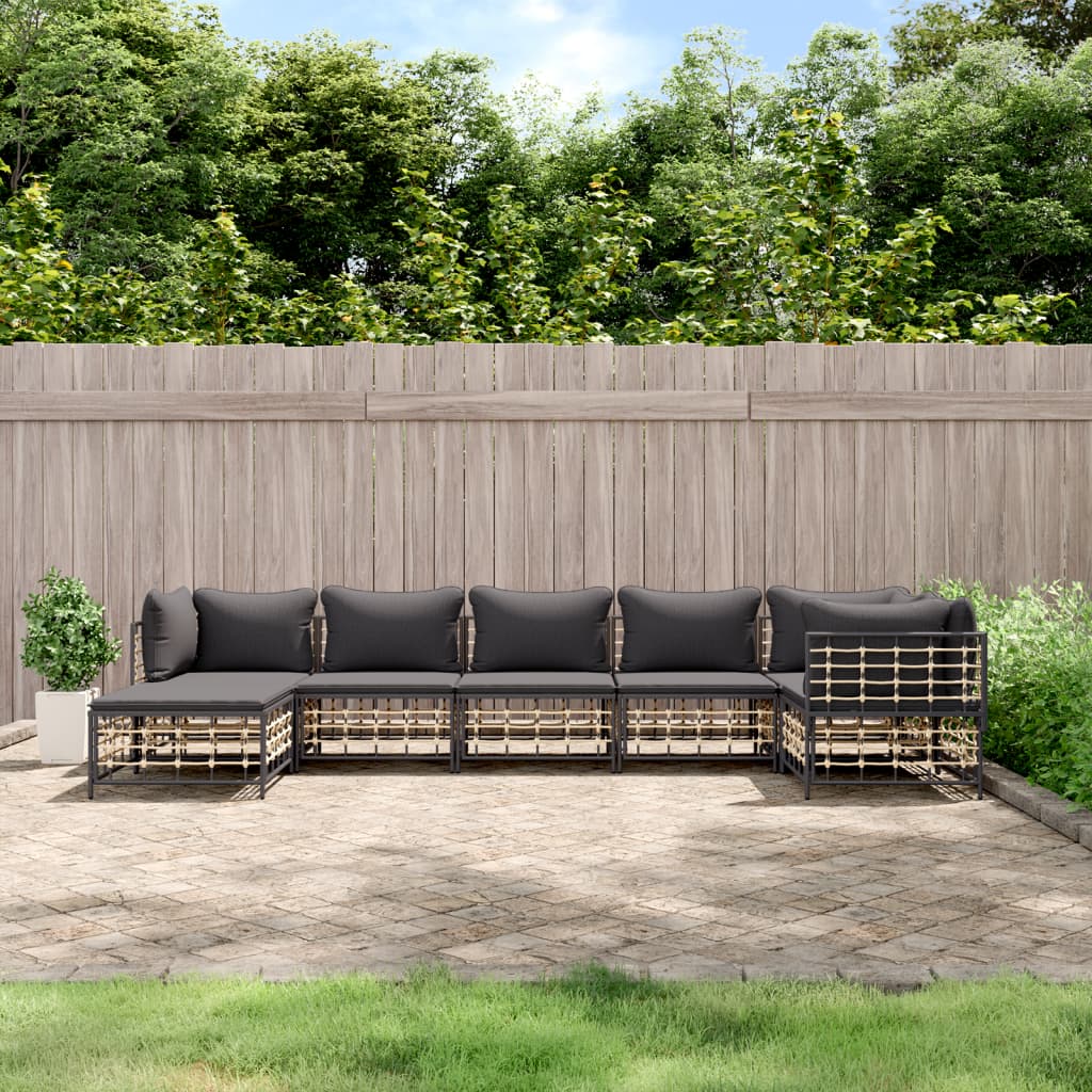 7-Delige Loungeset Met Kussens Poly Rattan Antracietkleurig 1 Donkergrijs 3x hoek + 3x midden + voetensteun