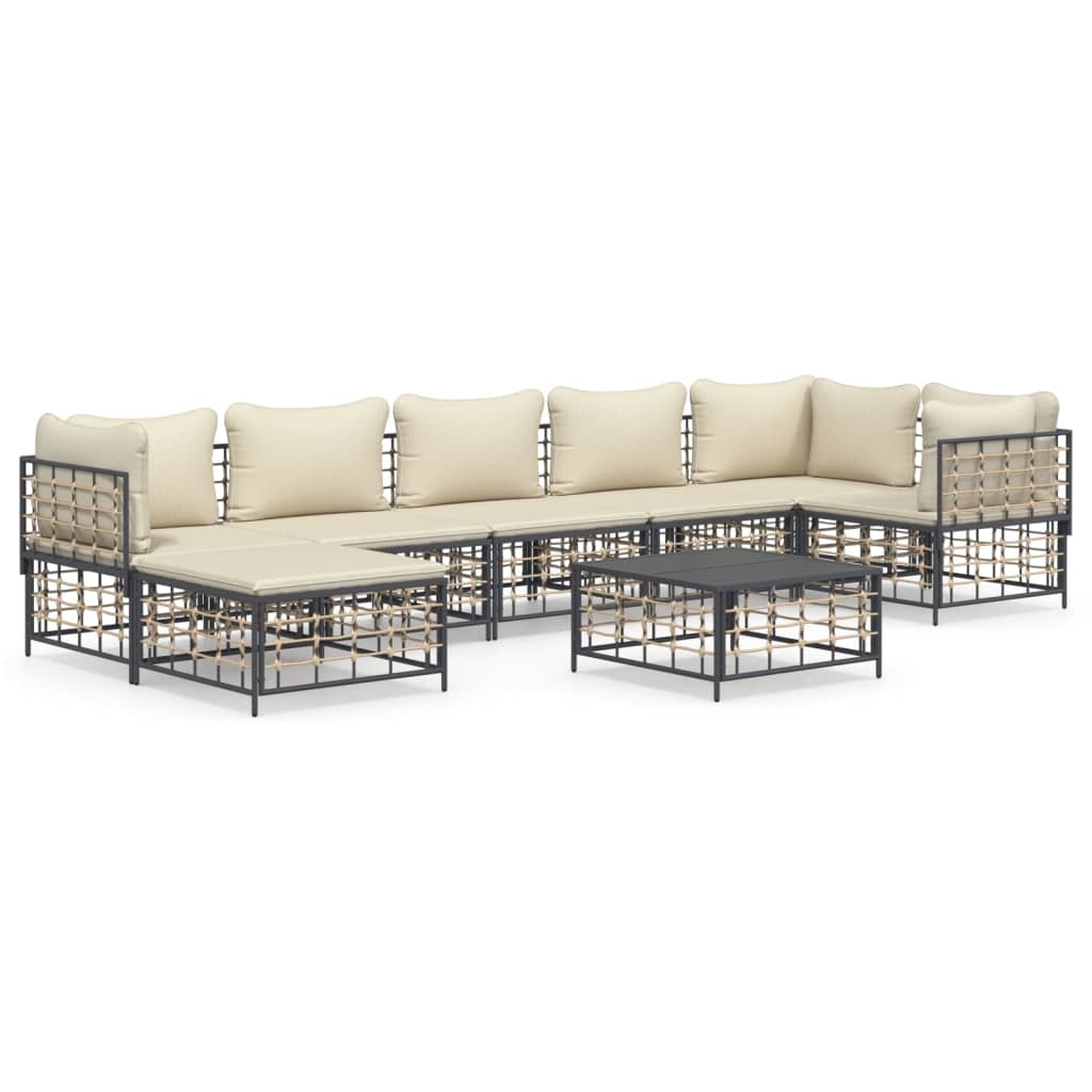 8-Delige Loungeset Met Kussens Poly Rattan Antracietkleurig 1 Beige 3x hoek + 3x midden + voetensteun + Tafel