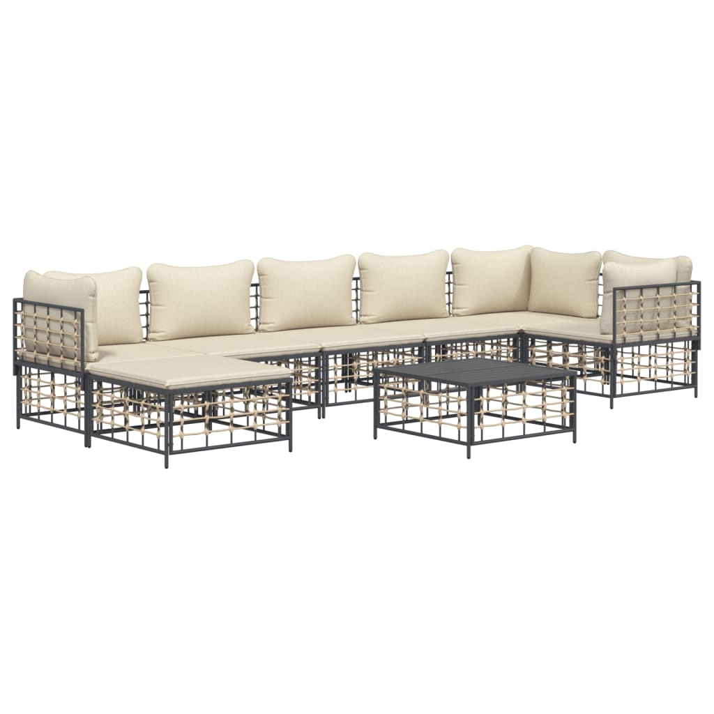 8-Delige Loungeset Met Kussens Poly Rattan Antracietkleurig 1 Beige 3x hoek + 3x midden + voetensteun + Tafel