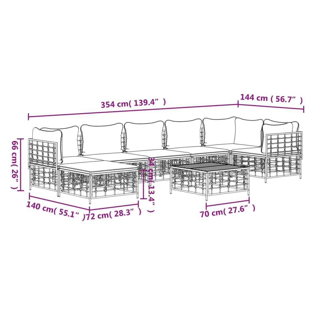 8-Delige Loungeset Met Kussens Poly Rattan Antracietkleurig 1 Beige 3x hoek + 3x midden + voetensteun + Tafel