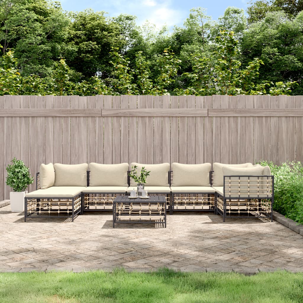 8-Delige Loungeset Met Kussens Poly Rattan Antracietkleurig 1 Beige 3x hoek + 3x midden + voetensteun + Tafel