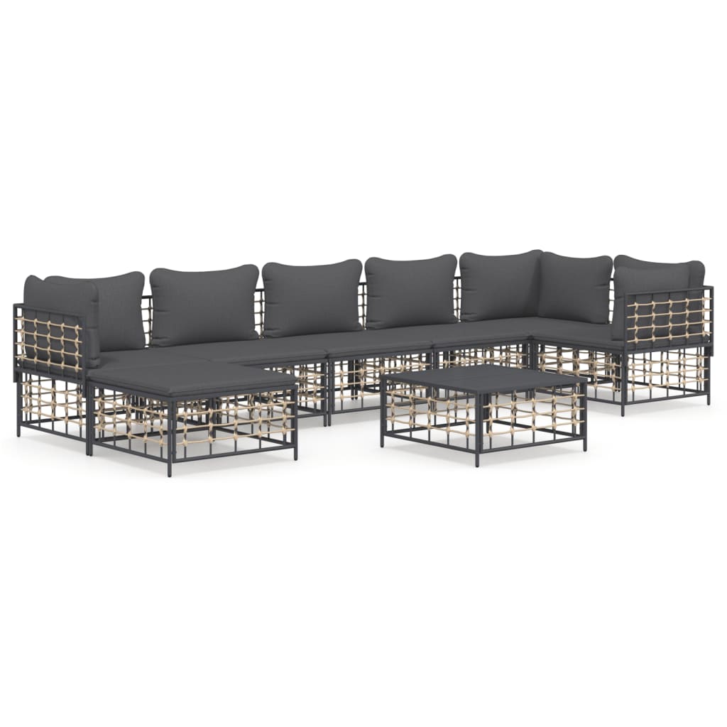 8-Delige Loungeset Met Kussens Poly Rattan Antracietkleurig 1 Donkergrijs 3x hoek + 3x midden + voetensteun + Tafel