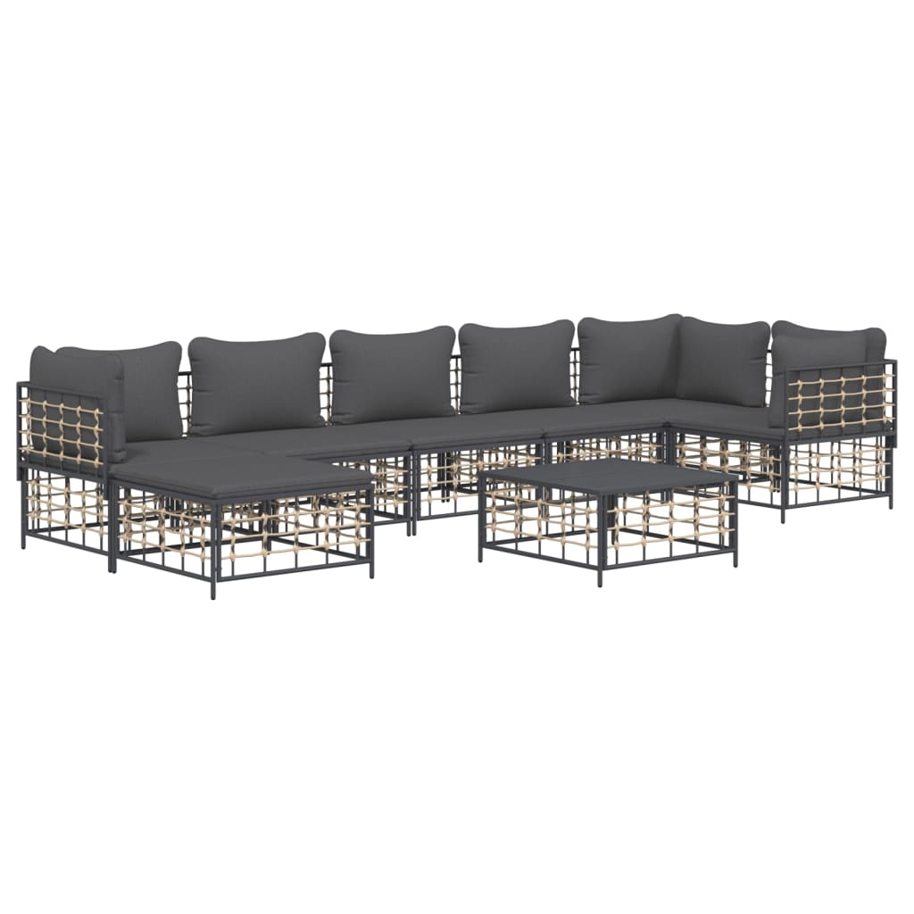 8-Delige Loungeset Met Kussens Poly Rattan Antracietkleurig 1 Donkergrijs 3x hoek + 3x midden + voetensteun + Tafel