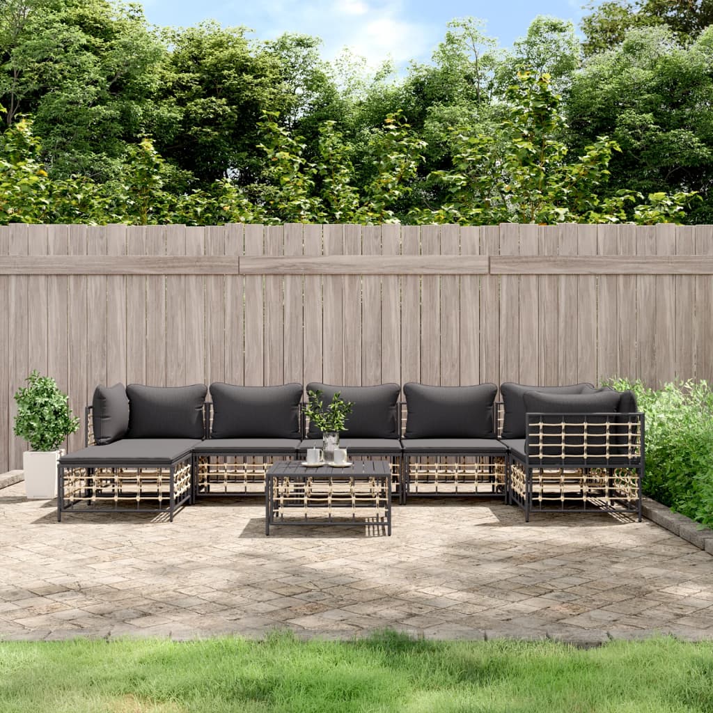 8-Delige Loungeset Met Kussens Poly Rattan Antracietkleurig 1 Donkergrijs 3x hoek + 3x midden + voetensteun + Tafel