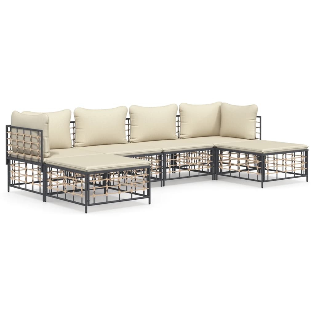 6-Delige Loungeset Met Kussens Poly Rattan Antracietkleurig 1 Beige 2x hoek + 2x midden + 2x voetensteun