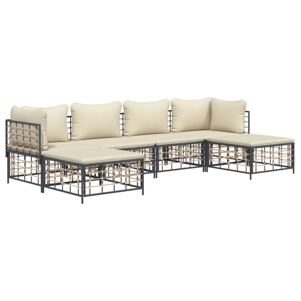 6-Delige Loungeset Met Kussens Poly Rattan Antracietkleurig 1 Beige 2x hoek + 2x midden + 2x voetensteun