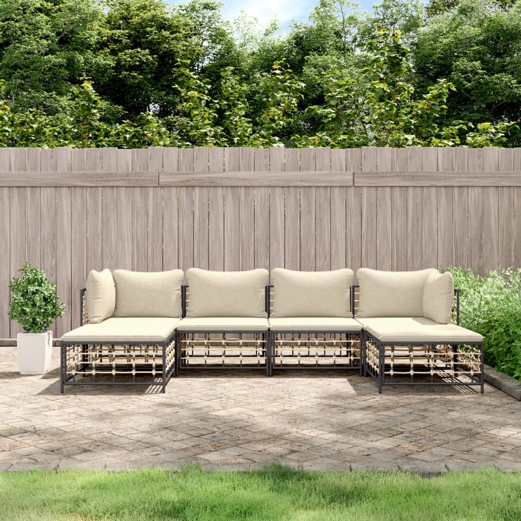 6-Delige Loungeset Met Kussens Poly Rattan Antracietkleurig 1 Beige 2x hoek + 2x midden + 2x voetensteun