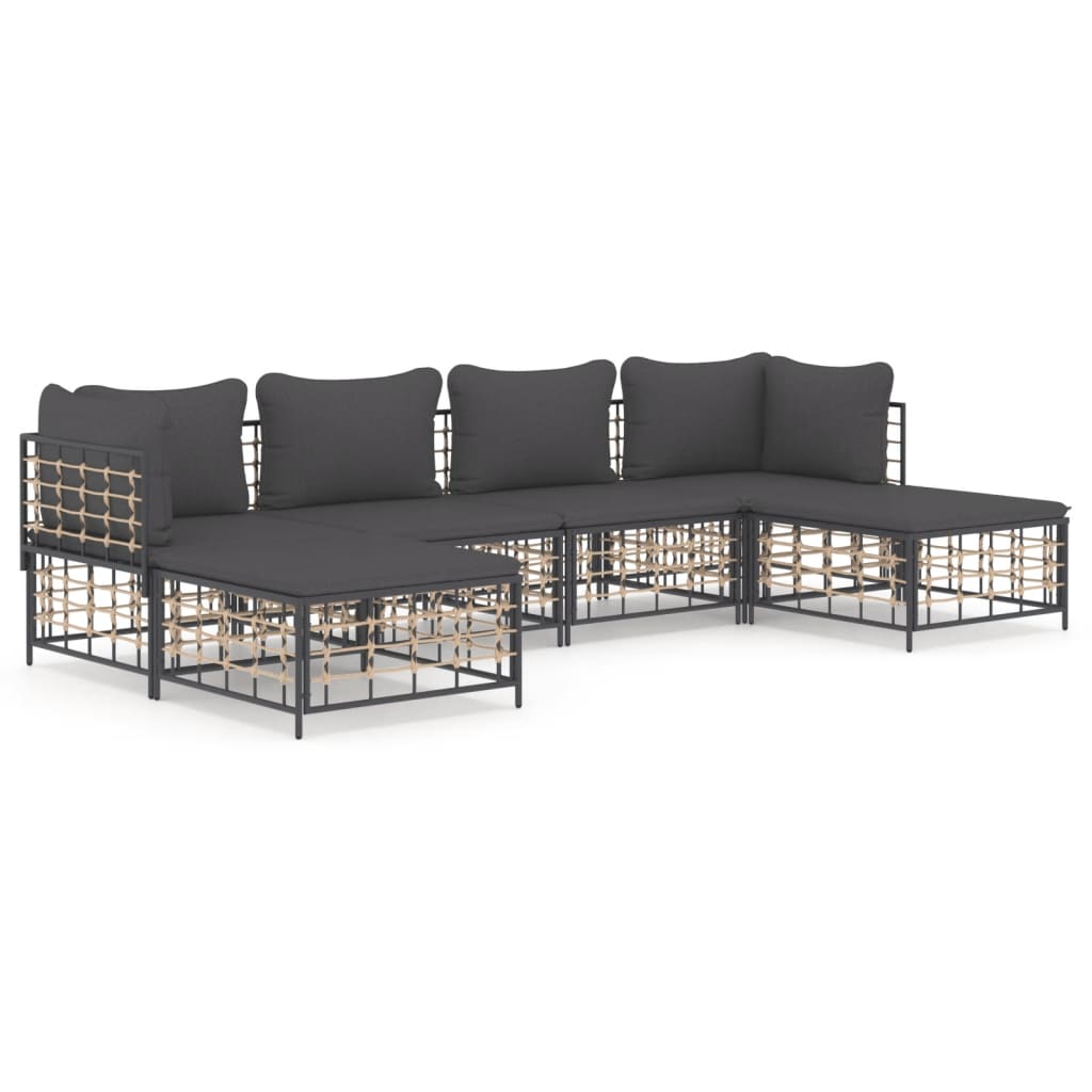 6-Delige Loungeset Met Kussens Poly Rattan Antracietkleurig 1 Donkergrijs 2x hoek + 2x midden + 2x voetensteun