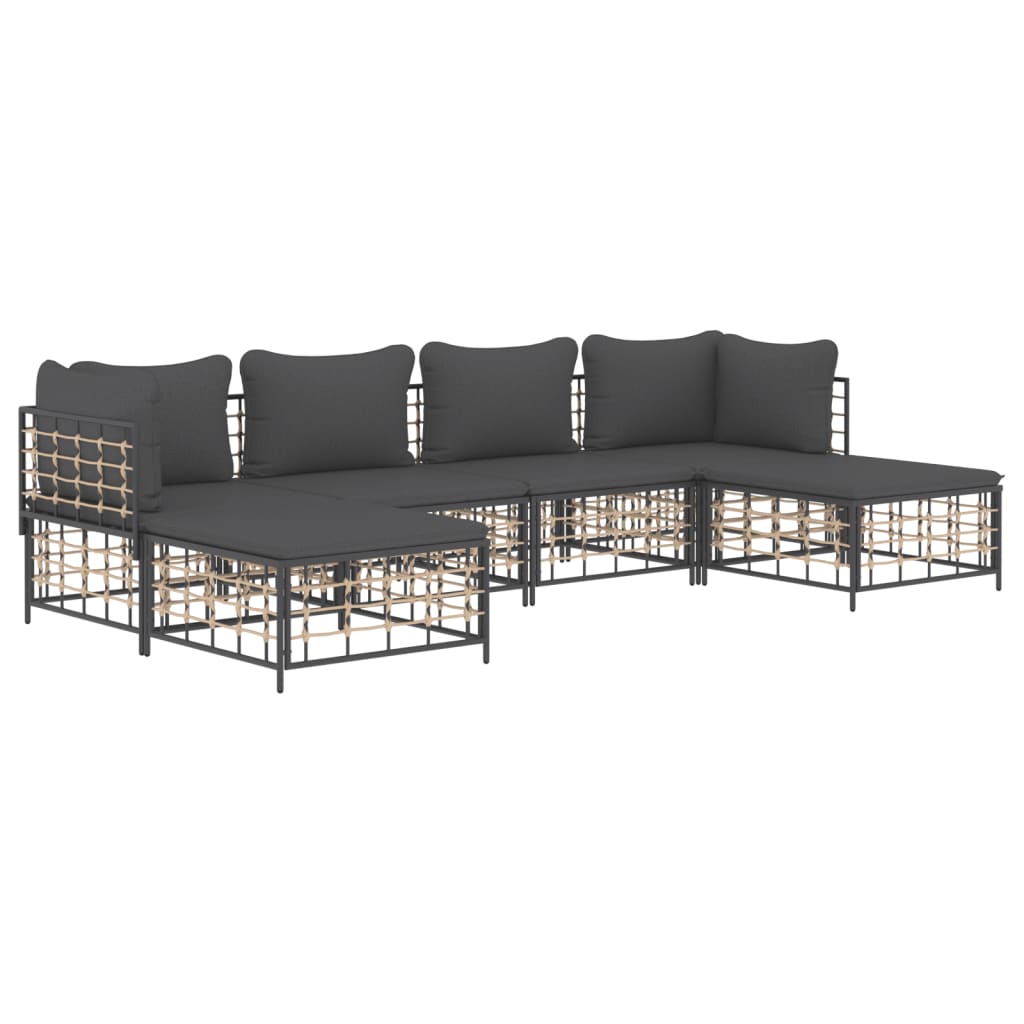 6-Delige Loungeset Met Kussens Poly Rattan Antracietkleurig 1 Donkergrijs 2x hoek + 2x midden + 2x voetensteun