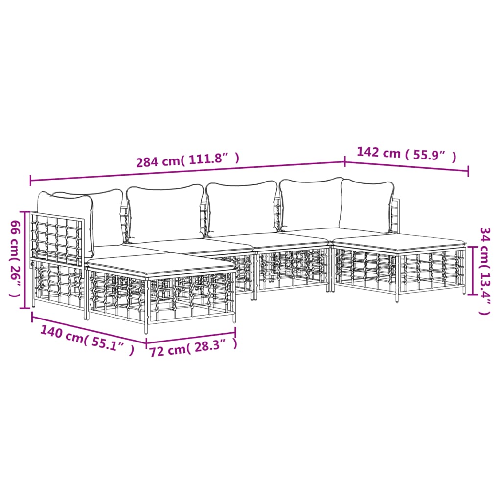 6-Delige Loungeset Met Kussens Poly Rattan Antracietkleurig 1 Donkergrijs 2x hoek + 2x midden + 2x voetensteun