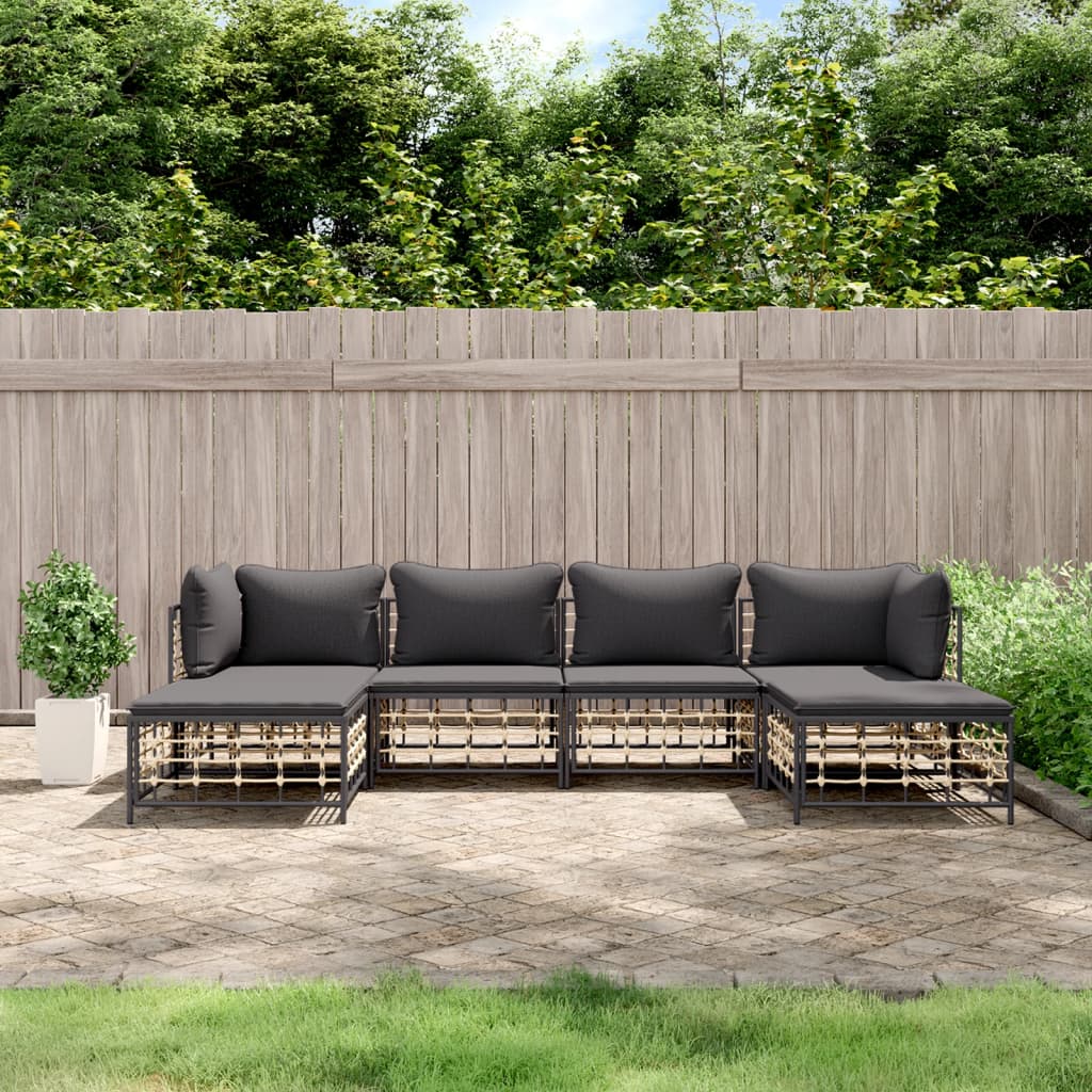 6-Delige Loungeset Met Kussens Poly Rattan Antracietkleurig 1 Donkergrijs 2x hoek + 2x midden + 2x voetensteun