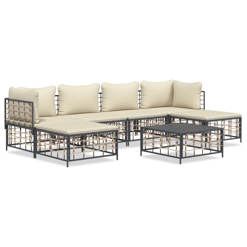 7-Delige Loungeset Met Kussens Poly Rattan Antracietkleurig 1 Beige 2x hoek + 2x midden + 2x voetensteun + Tafel