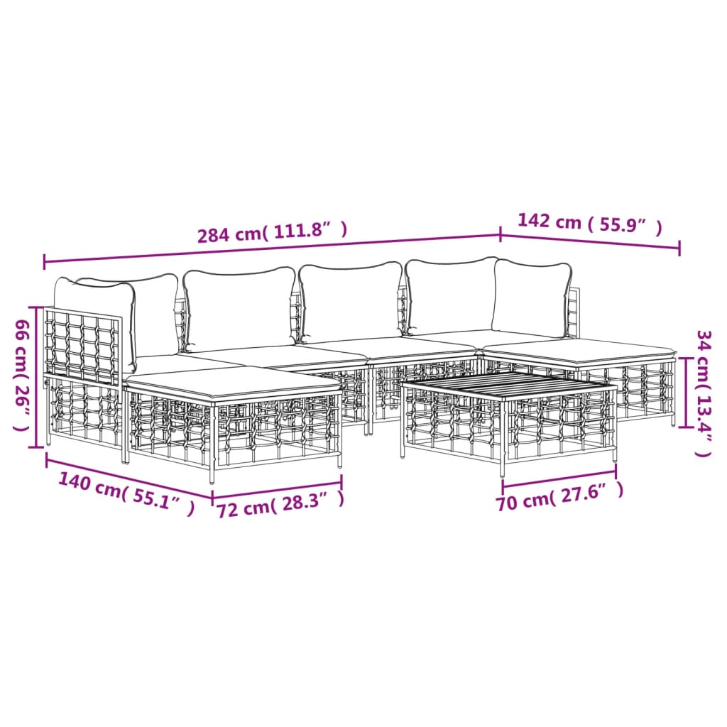 7-Delige Loungeset Met Kussens Poly Rattan Antracietkleurig 1 Beige 2x hoek + 2x midden + 2x voetensteun + Tafel