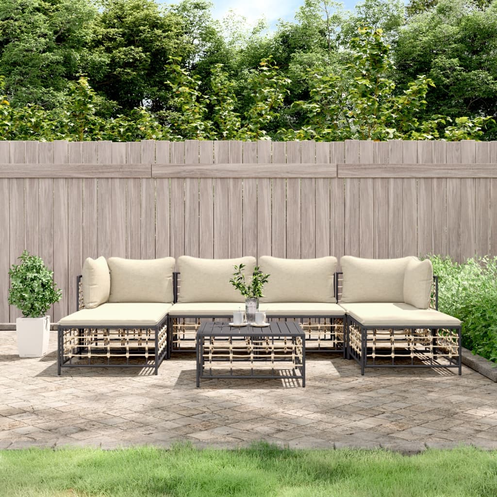 7-Delige Loungeset Met Kussens Poly Rattan Antracietkleurig 1 Beige 2x hoek + 2x midden + 2x voetensteun + Tafel