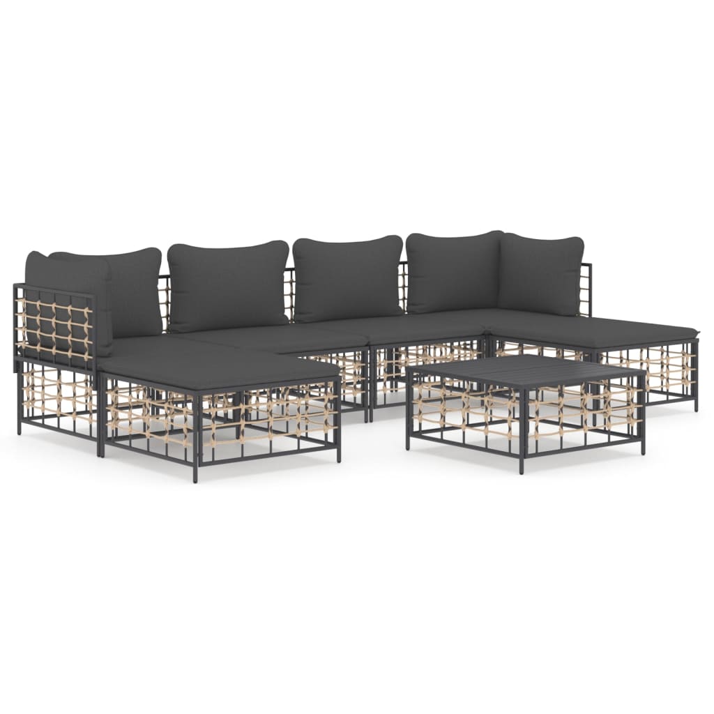 7-Delige Loungeset Met Kussens Poly Rattan Antracietkleurig 1 Donkergrijs 2x hoek + 2x midden + 2x voetensteun + Tafel