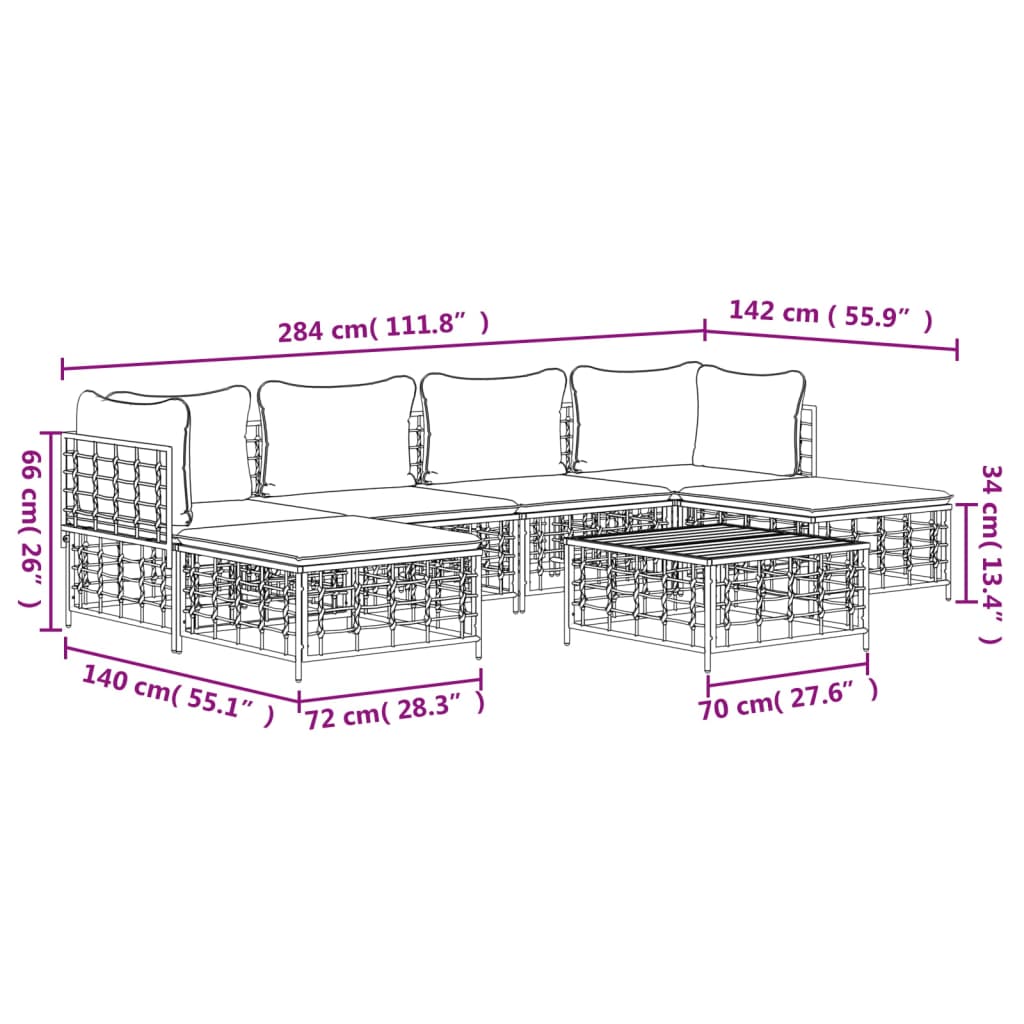 7-Delige Loungeset Met Kussens Poly Rattan Antracietkleurig 1 Donkergrijs 2x hoek + 2x midden + 2x voetensteun + Tafel