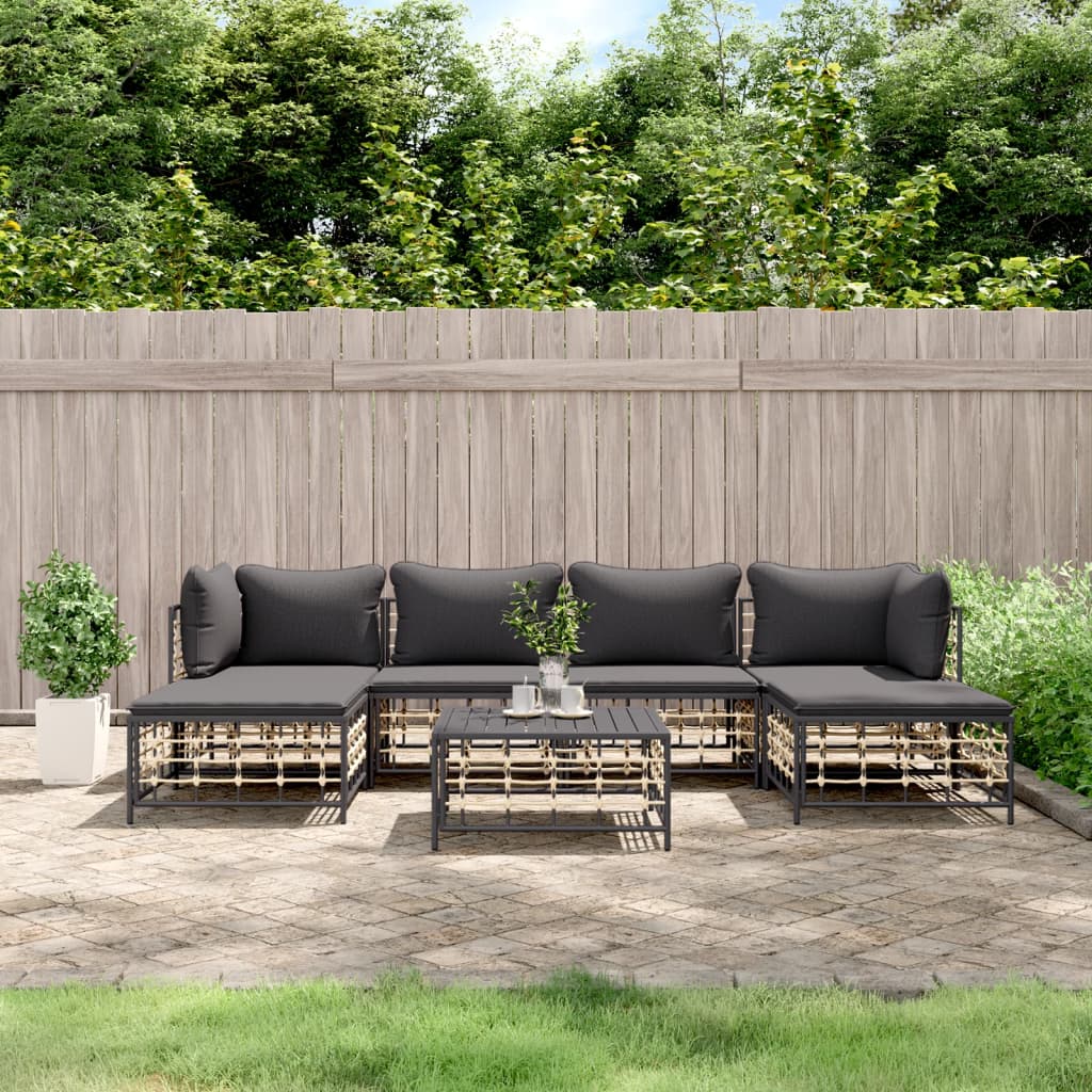 7-Delige Loungeset Met Kussens Poly Rattan Antracietkleurig 1 Donkergrijs 2x hoek + 2x midden + 2x voetensteun + Tafel