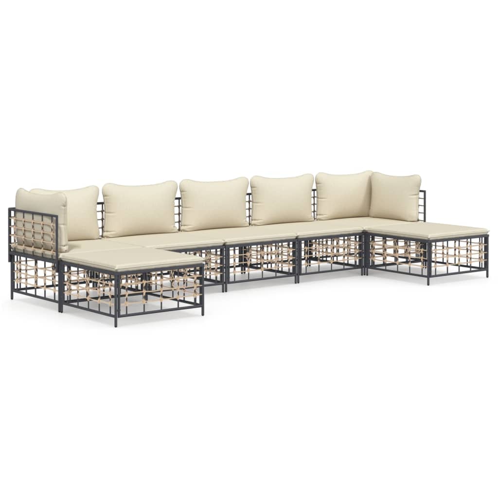 7-Delige Loungeset Met Kussens Poly Rattan Antracietkleurig 1 Beige 2x hoek + 3x midden + 2x voetensteun