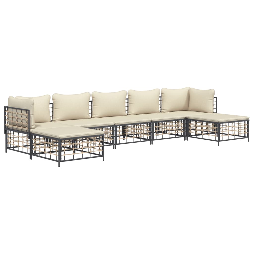 7-Delige Loungeset Met Kussens Poly Rattan Antracietkleurig 1 Beige 2x hoek + 3x midden + 2x voetensteun