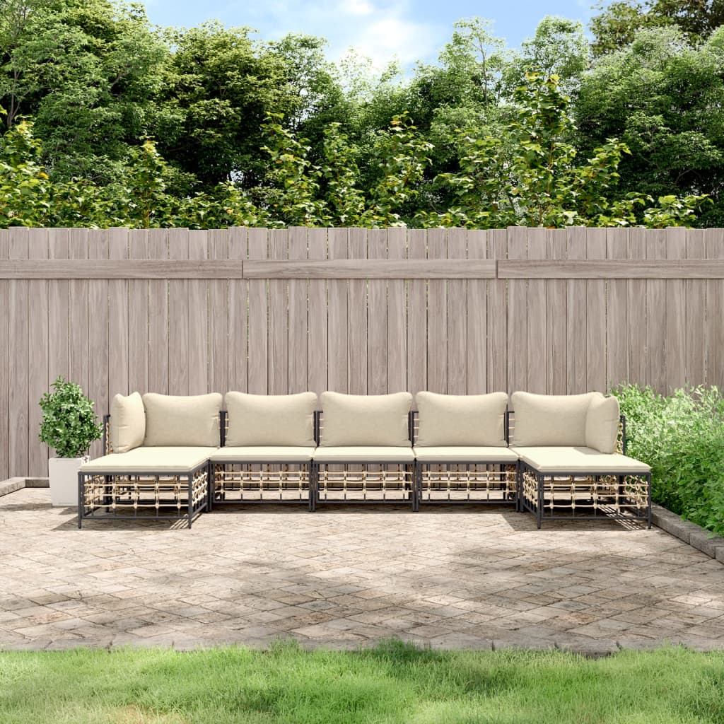 7-Delige Loungeset Met Kussens Poly Rattan Antracietkleurig 1 Beige 2x hoek + 3x midden + 2x voetensteun