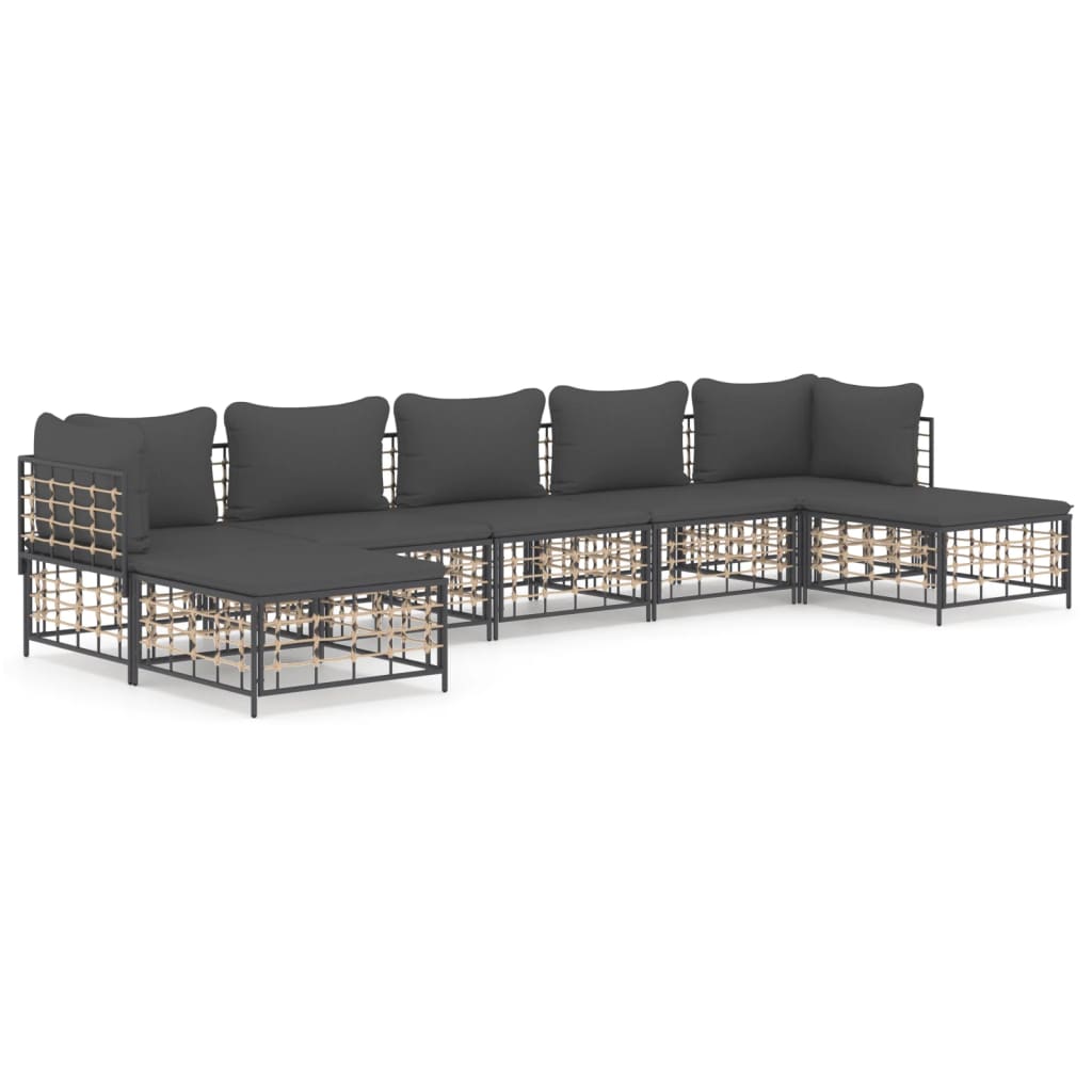 7-Delige Loungeset Met Kussens Poly Rattan Antracietkleurig 1 Donkergrijs 2x hoek + 3x midden + 2x voetensteun