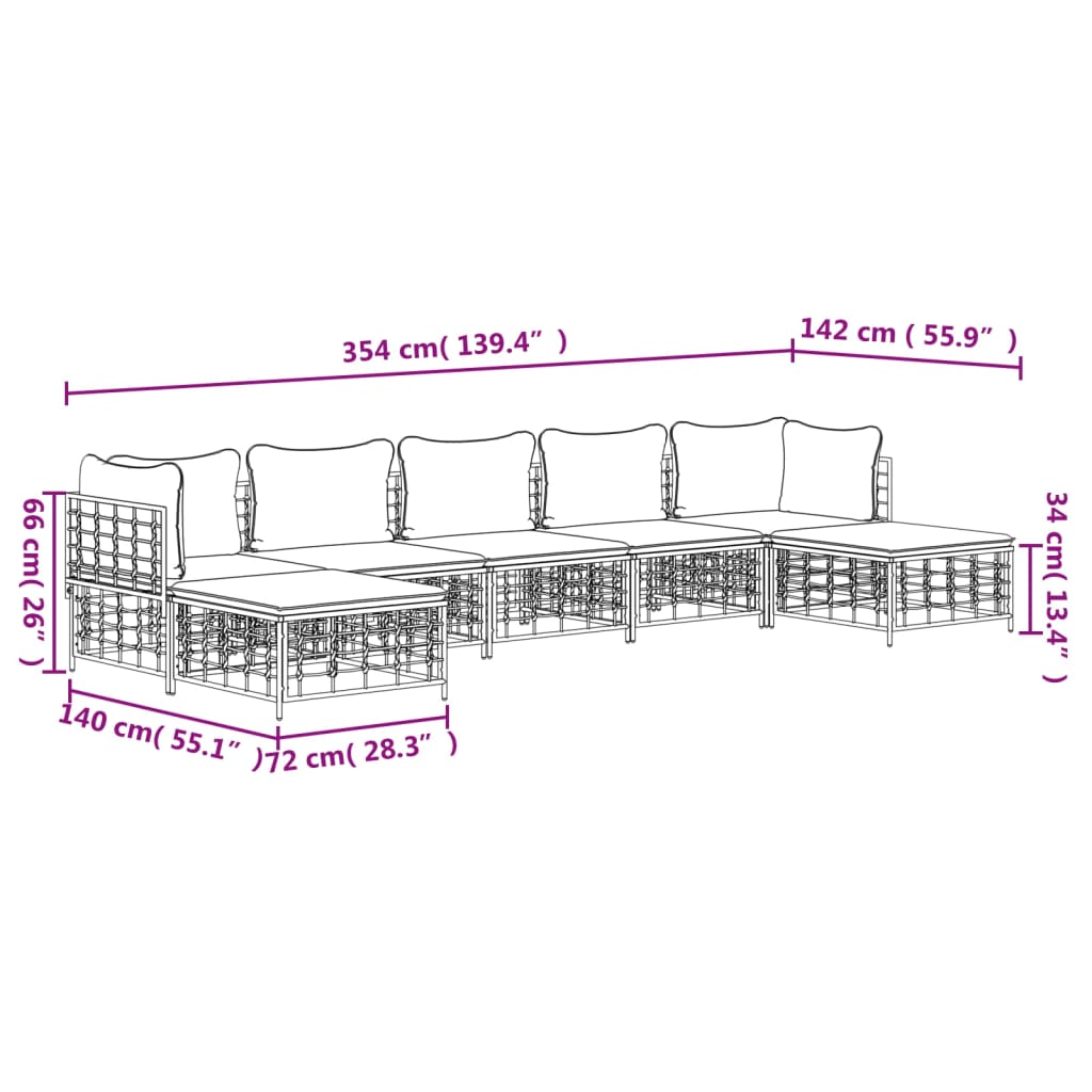 7-Delige Loungeset Met Kussens Poly Rattan Antracietkleurig 1 Donkergrijs 2x hoek + 3x midden + 2x voetensteun