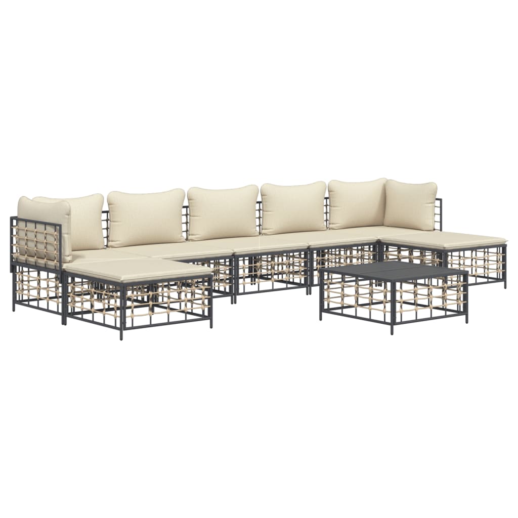 8-Delige Loungeset Met Kussens Poly Rattan Antracietkleurig 1 Beige 2x hoek + 3x midden + 2x voetensteun + Tafel