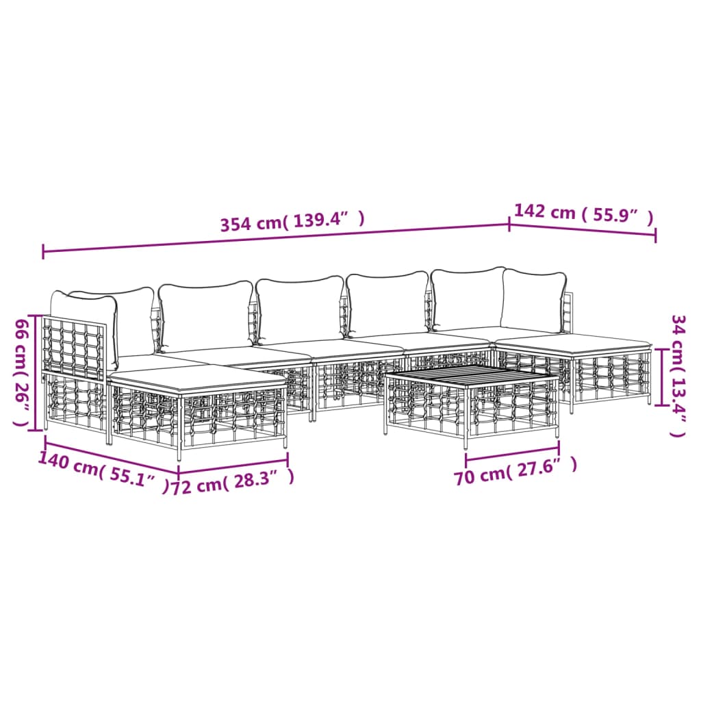 8-Delige Loungeset Met Kussens Poly Rattan Antracietkleurig 1 Beige 2x hoek + 3x midden + 2x voetensteun + Tafel