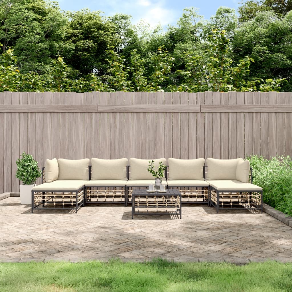 8-Delige Loungeset Met Kussens Poly Rattan Antracietkleurig 1 Beige 2x hoek + 3x midden + 2x voetensteun + Tafel