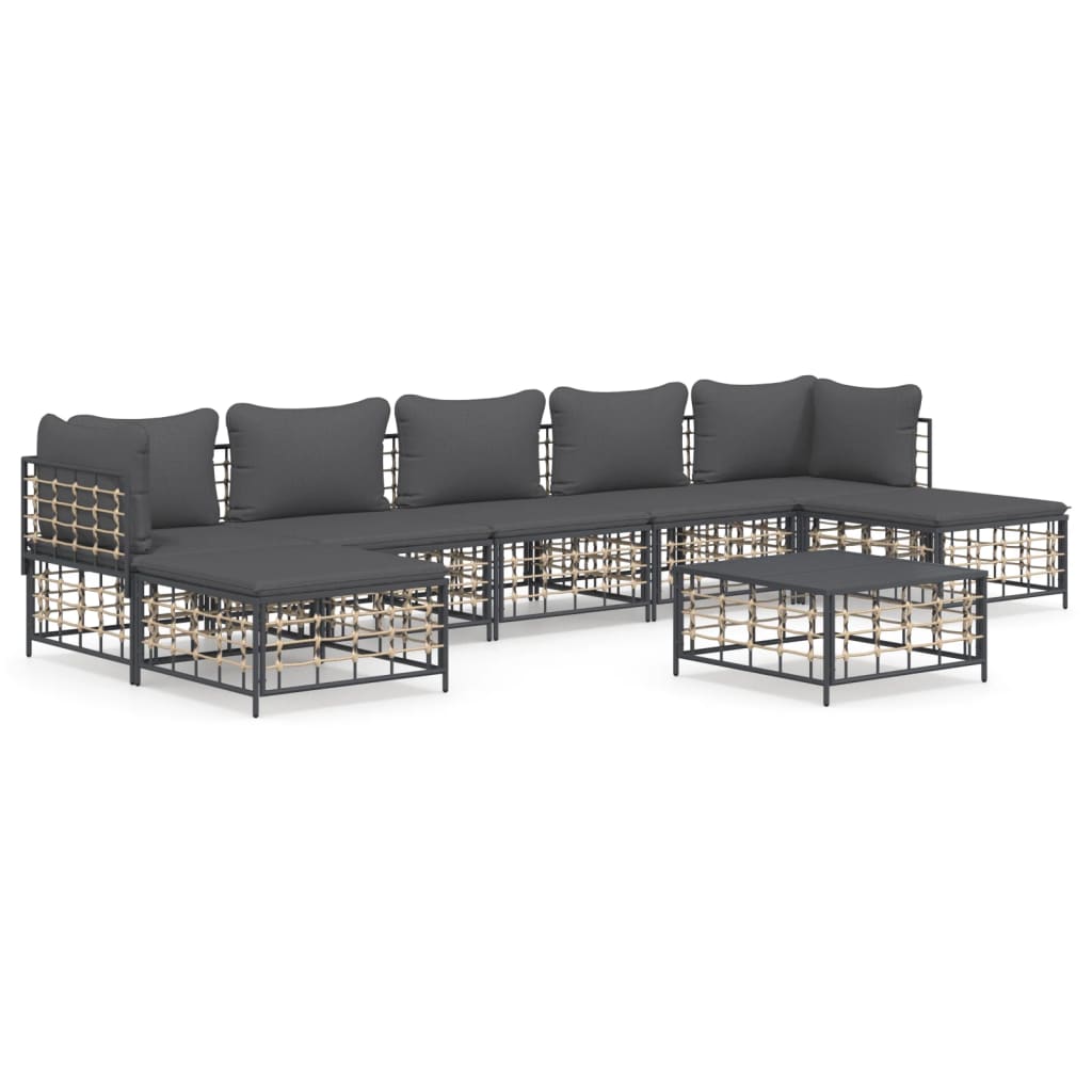 8-Delige Loungeset Met Kussens Poly Rattan Antracietkleurig 1 Donkergrijs 2x hoek + 3x midden + 2x voetensteun + Tafel