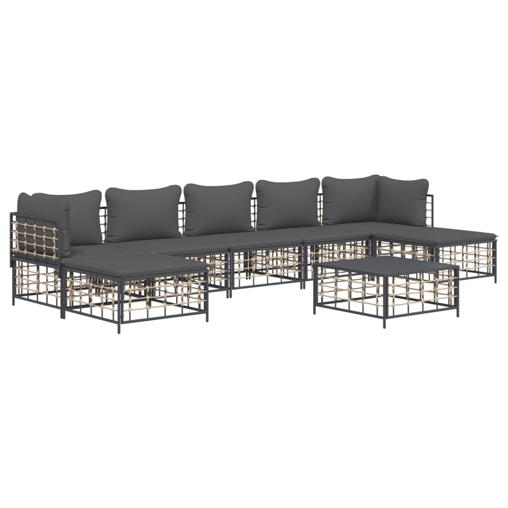 8-Delige Loungeset Met Kussens Poly Rattan Antracietkleurig 1 Donkergrijs 2x hoek + 3x midden + 2x voetensteun + Tafel