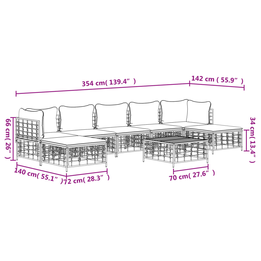 8-Delige Loungeset Met Kussens Poly Rattan Antracietkleurig 1 Donkergrijs 2x hoek + 3x midden + 2x voetensteun + Tafel