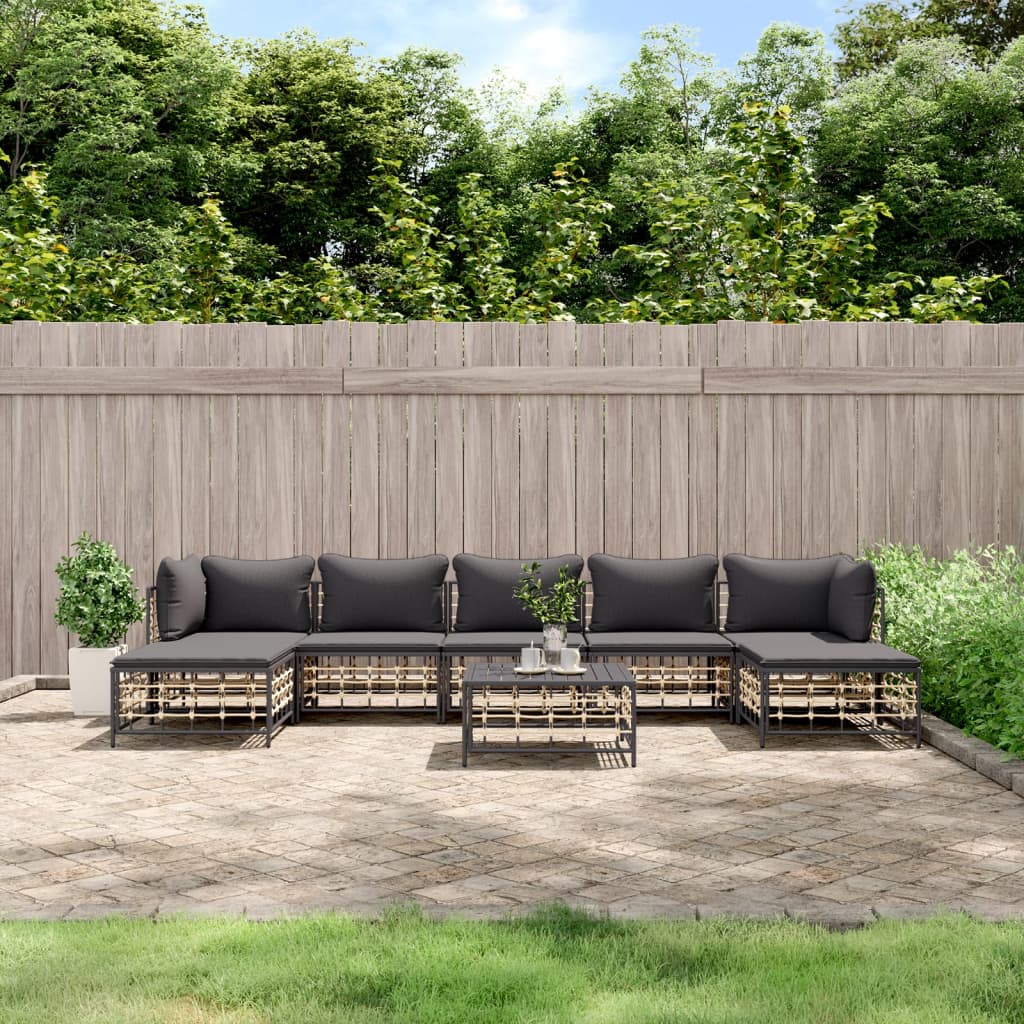 8-Delige Loungeset Met Kussens Poly Rattan Antracietkleurig 1 Donkergrijs 2x hoek + 3x midden + 2x voetensteun + Tafel