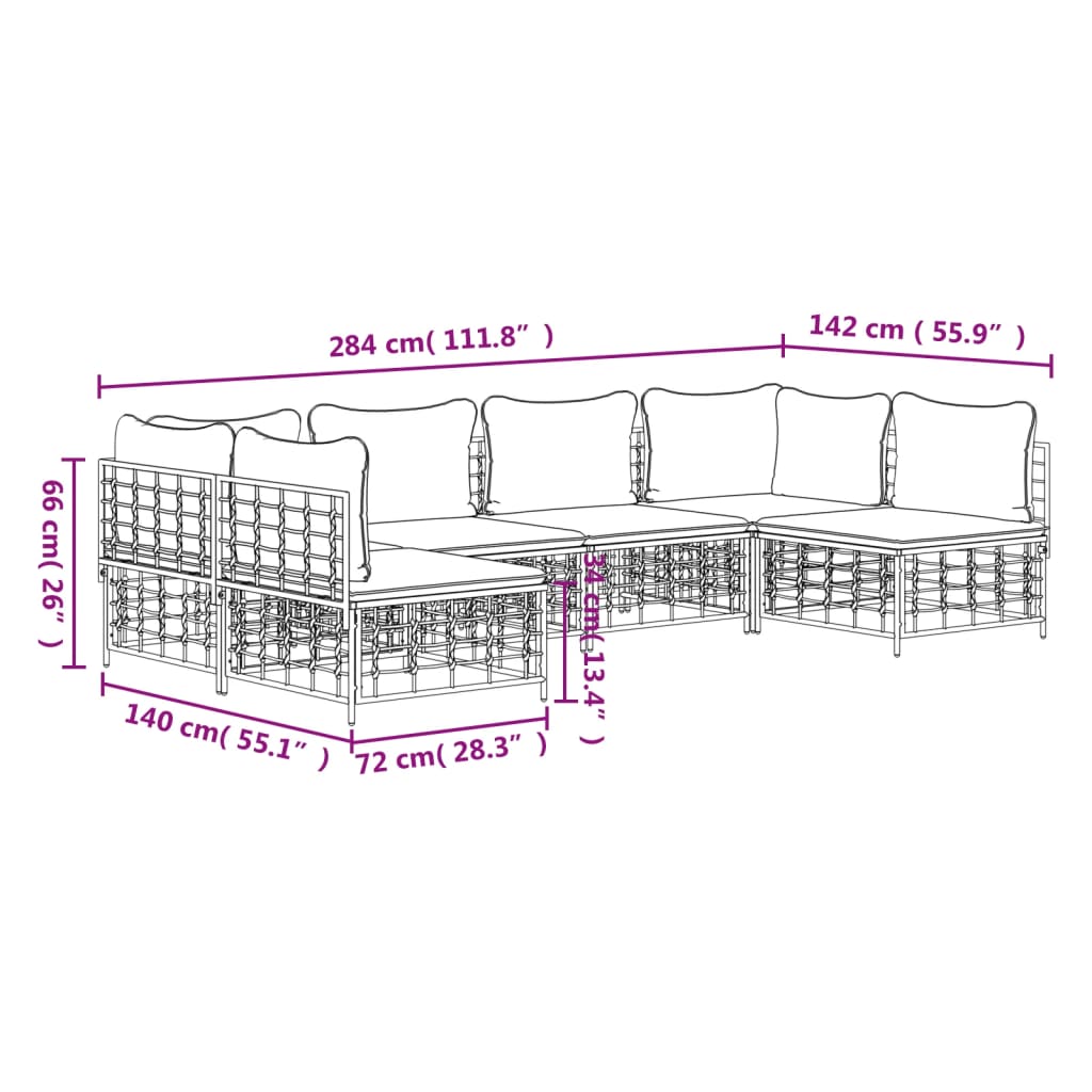 6-Delige Loungeset Met Kussens Poly Rattan Antracietkleurig 1 Beige 2x hoek + 4x midden