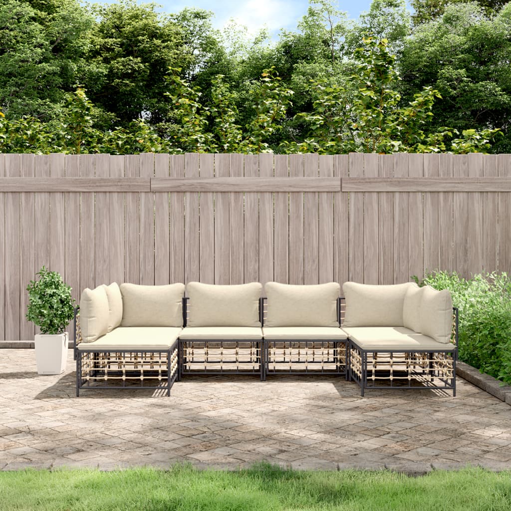 6-Delige Loungeset Met Kussens Poly Rattan Antracietkleurig 1 Beige 2x hoek + 4x midden