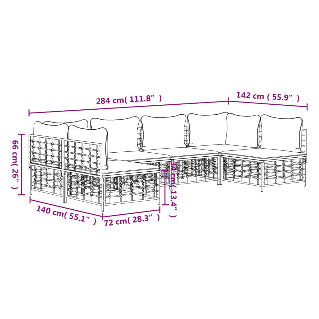 6-Delige Loungeset Met Kussens Poly Rattan Antracietkleurig 1 Donkergrijs 2x hoek + 4x midden