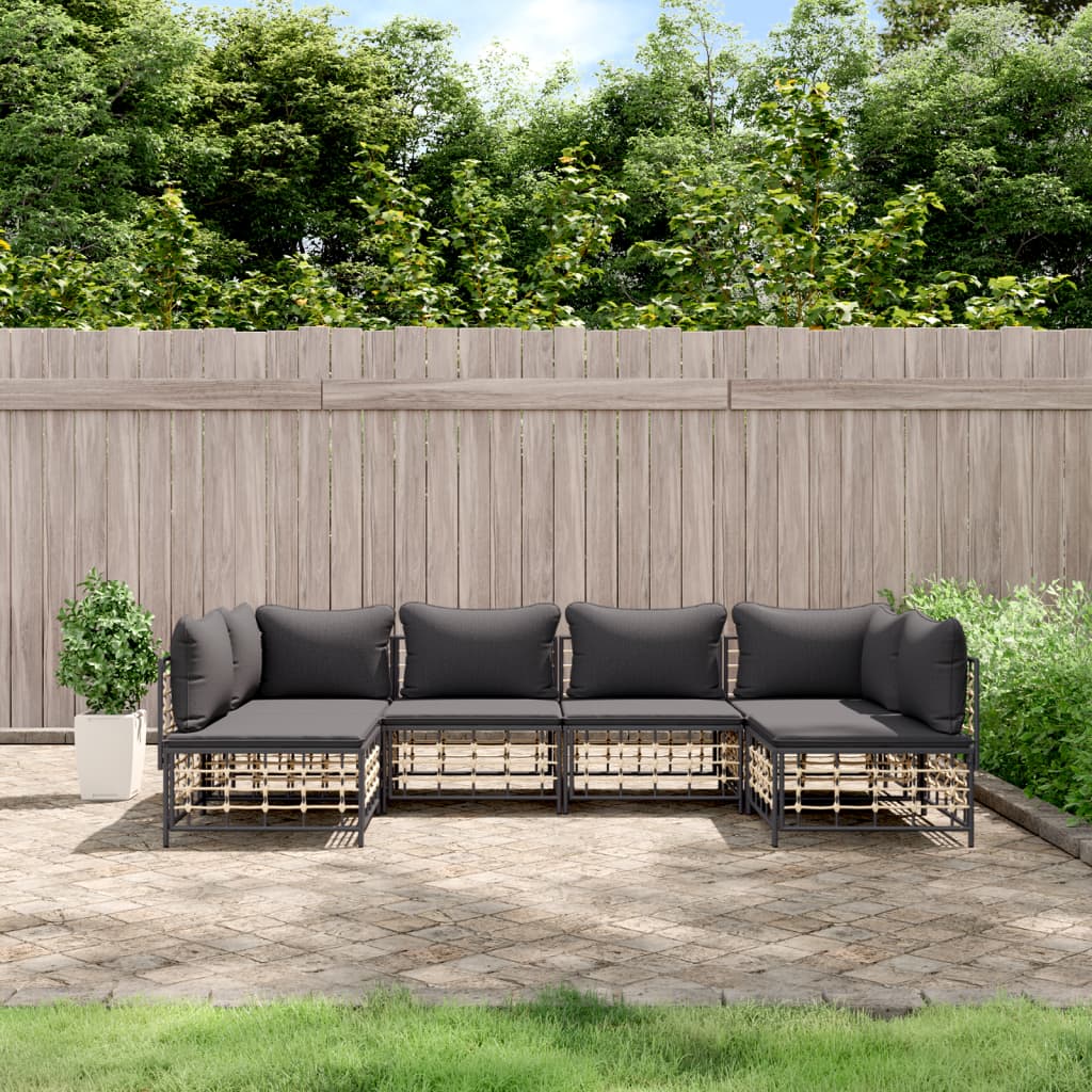 6-Delige Loungeset Met Kussens Poly Rattan Antracietkleurig 1 Donkergrijs 2x hoek + 4x midden