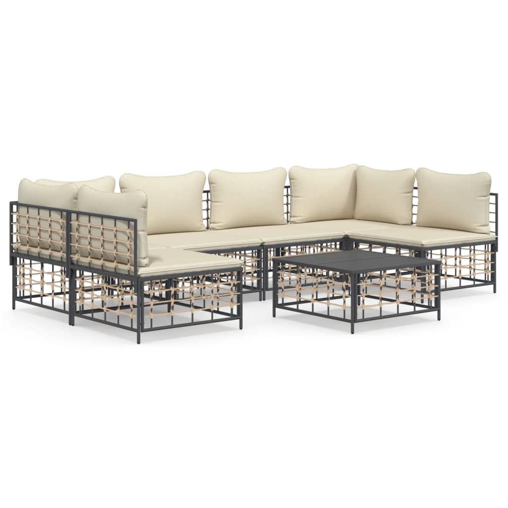 7-Delige Loungeset Met Kussens Poly Rattan Antracietkleurig 1 Beige 2x hoek + 4x midden + Tafel