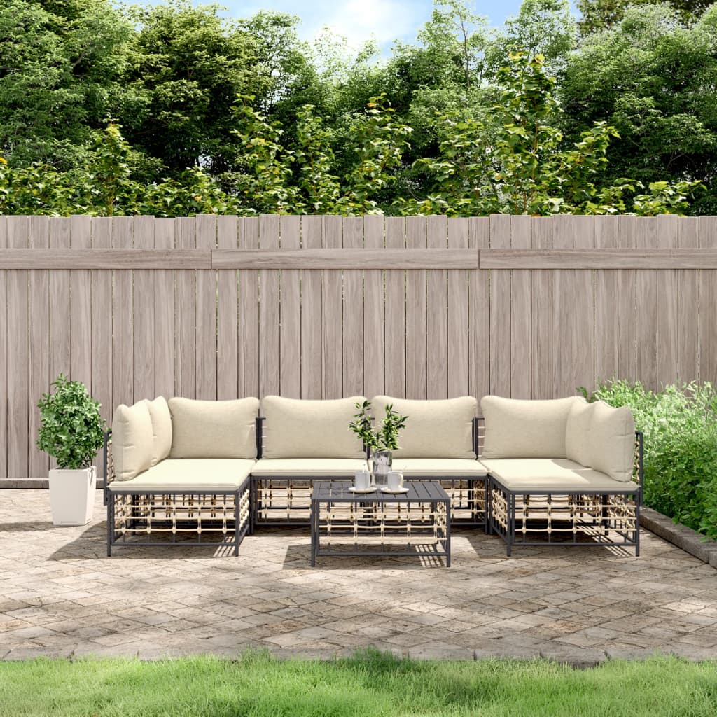 7-Delige Loungeset Met Kussens Poly Rattan Antracietkleurig 1 Beige 2x hoek + 4x midden + Tafel