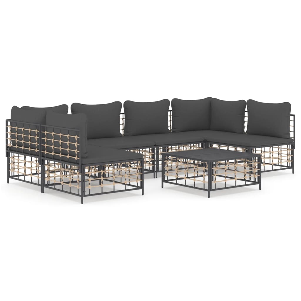 7-Delige Loungeset Met Kussens Poly Rattan Antracietkleurig 1 Donkergrijs 2x hoek + 4x midden + Tafel