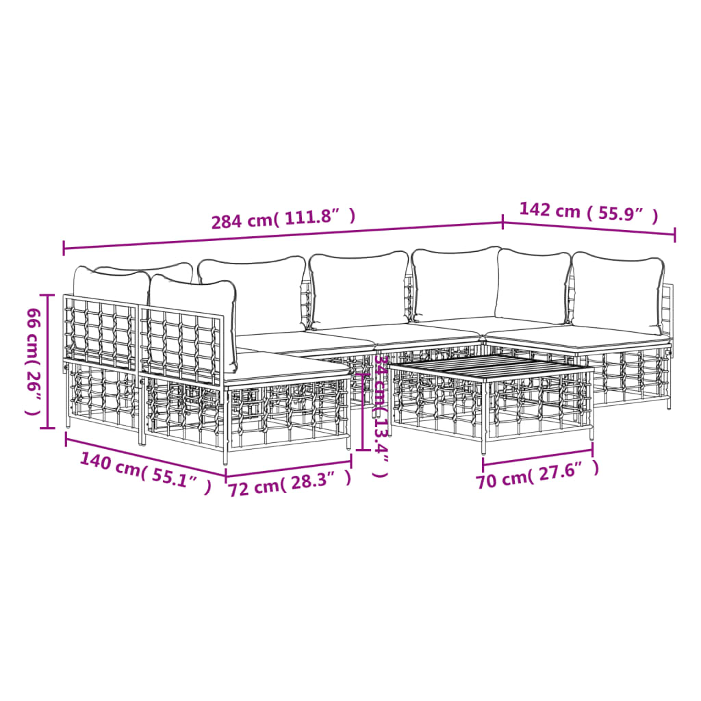 7-Delige Loungeset Met Kussens Poly Rattan Antracietkleurig 1 Donkergrijs 2x hoek + 4x midden + Tafel