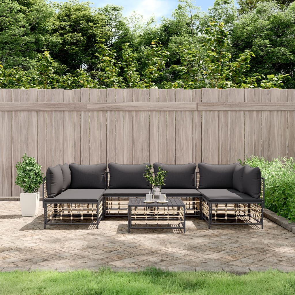 7-Delige Loungeset Met Kussens Poly Rattan Antracietkleurig 1 Donkergrijs 2x hoek + 4x midden + Tafel