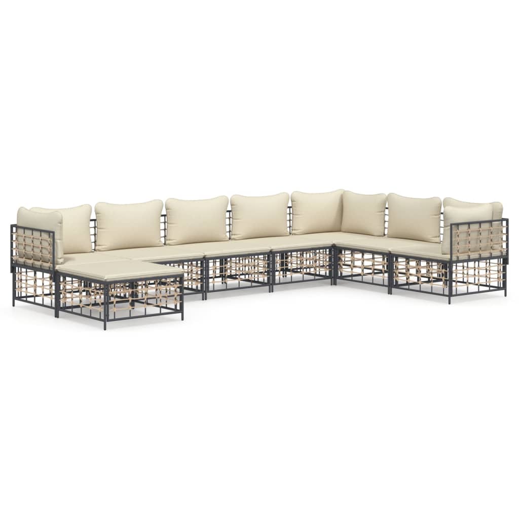 8-Delige Loungeset Met Kussens Poly Rattan Antracietkleurig 1 Beige 3x hoek + 4x midden + voetensteun