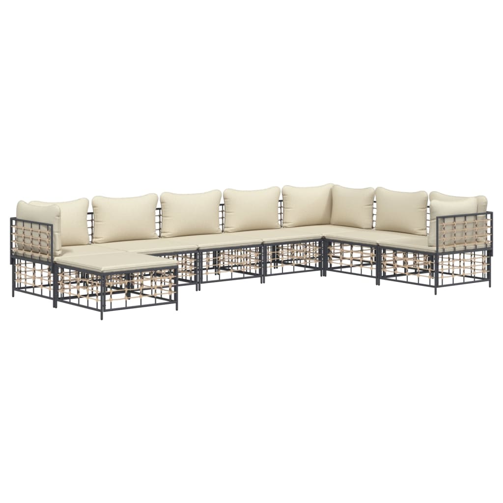 8-Delige Loungeset Met Kussens Poly Rattan Antracietkleurig 1 Beige 3x hoek + 4x midden + voetensteun