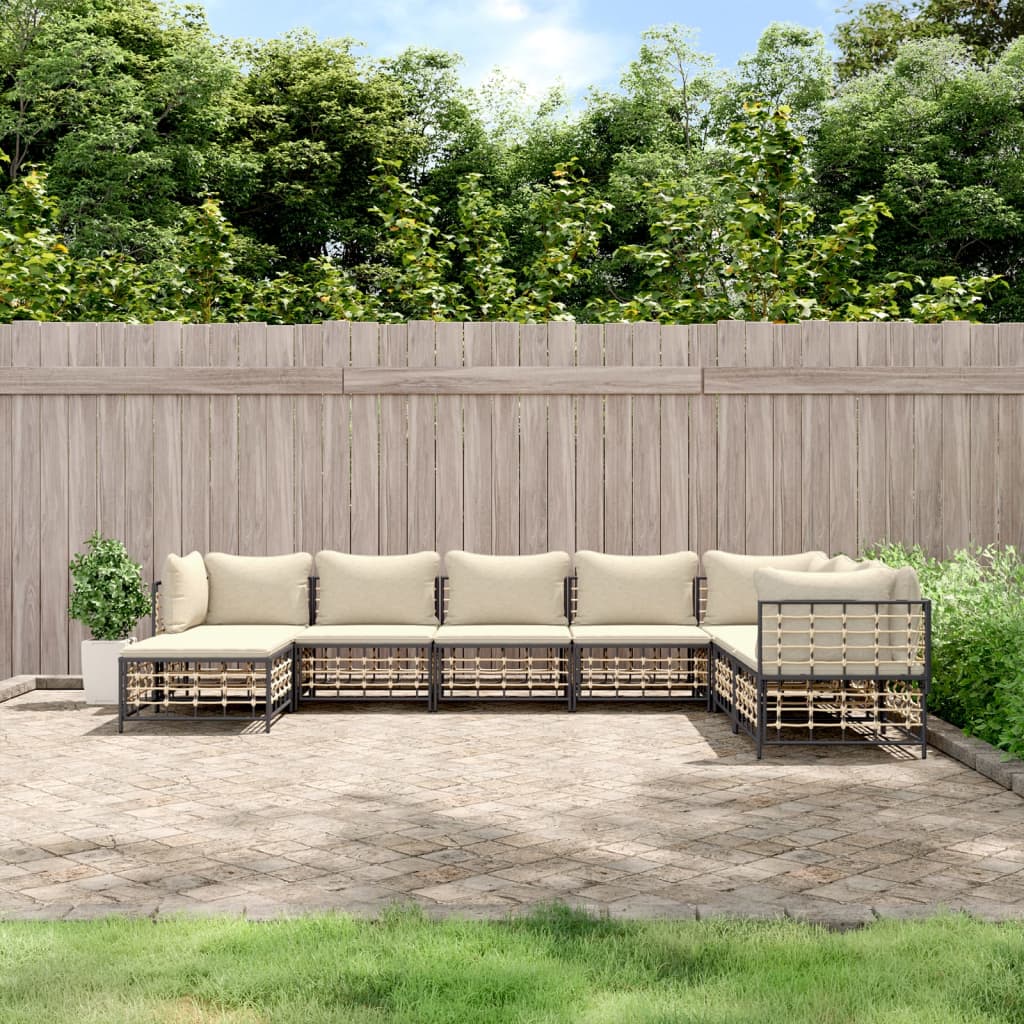 8-Delige Loungeset Met Kussens Poly Rattan Antracietkleurig 1 Beige 3x hoek + 4x midden + voetensteun