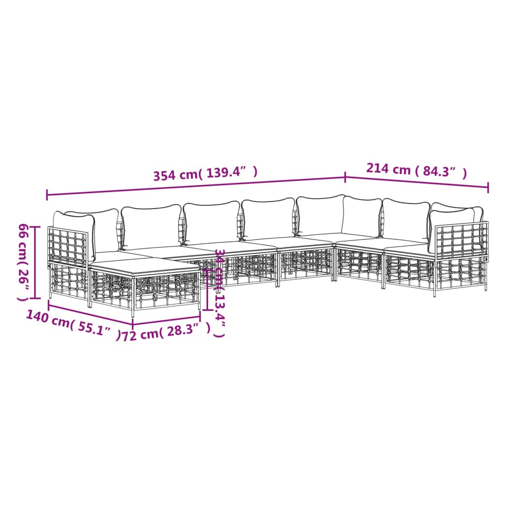 8-Delige Loungeset Met Kussens Poly Rattan Antracietkleurig 1 Donkergrijs 3x hoek + 4x midden + voetensteun