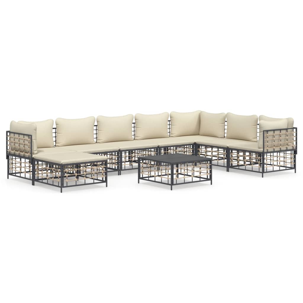 9-Delige Loungeset Met Kussens Poly Rattan Antracietkleurig 1 Beige 3x hoek + 4x midden + voetensteun + Tafel