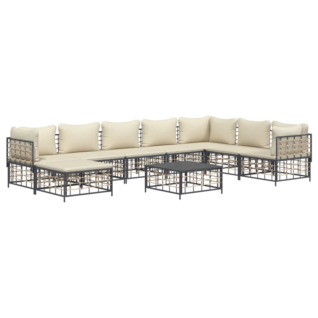 9-Delige Loungeset Met Kussens Poly Rattan Antracietkleurig 1 Beige 3x hoek + 4x midden + voetensteun + Tafel