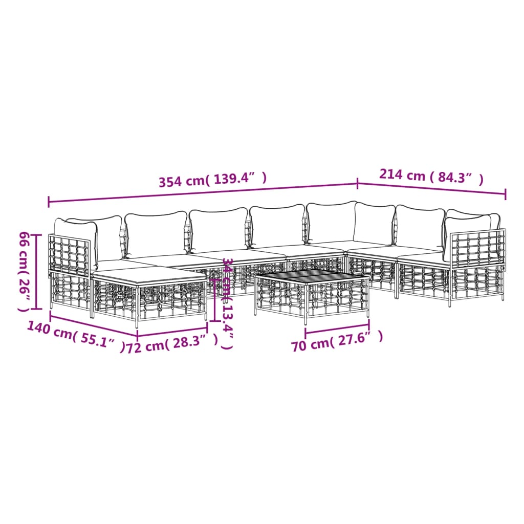 9-Delige Loungeset Met Kussens Poly Rattan Antracietkleurig 1 Beige 3x hoek + 4x midden + voetensteun + Tafel